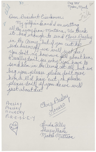 Letter from Linda Kelly, Sherry Bane, and Mickie Mattson to President Dwight D. Eisenhower Regarding Elvis Presley