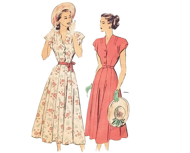 Vintage 1940s scalloped shirtwaist dress sewing pattern