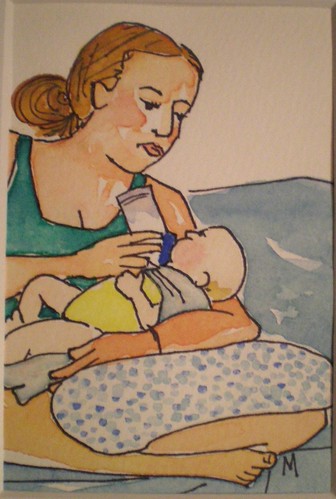 Watercolor painting of Brianna feeding Mila