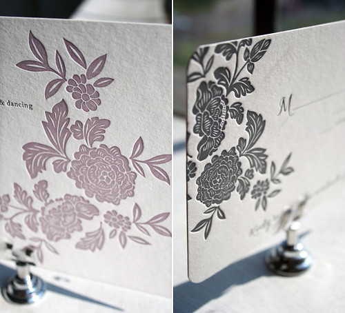 Lovely purple and gray letterpress wedding invitation with patterned backing