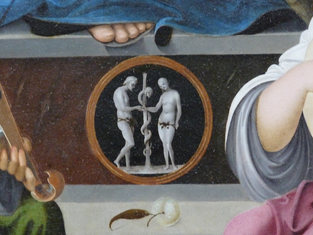 Détail, Francesco Marmitta. "La Vierge et l'Enfant entourés de saint Benoît et de saint Quentin, et de deux anges", circa 1500-1505. Musée du Louvre, Paris, 18 octobre 2009.
