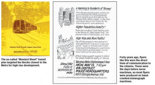 Images of a protest flyer and the cover of a station area plan for the Takoma subway station from the article "Call to Arms: Activists defend a community under seige" by Diana Kohn, in the May 2009 issue of the Takoma Voice.