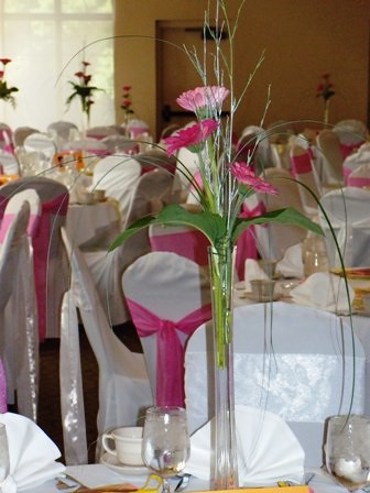 Table arrangements of hot pink Gerbera daisies with silver branches 