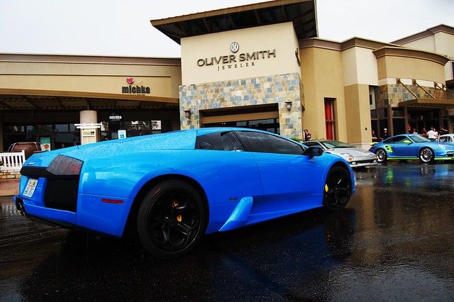 blue Lamborghini Murcielago in rain