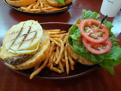 gourmet cheeseburger with fries