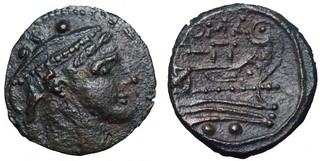 56/6 #09259-15 Anonymous Mercury Prow Sextans, possibly Second Punic War overstrike on Punic type, see behind head for undertype