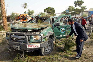 This vehicle damaged in an Afghanistan resistance attack on the US-backed police force in the occupied central Asian nation. The US has deployed thousands of troops to this country where they have waged war for eight years. by Pan-African News Wire File Photos