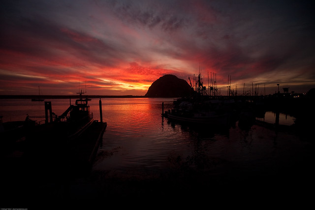 Sunset (wide 16mm) [best of 3] (unusually brilliant) over Morro Rock in Morro Bay, CA 17 Oct. 2009