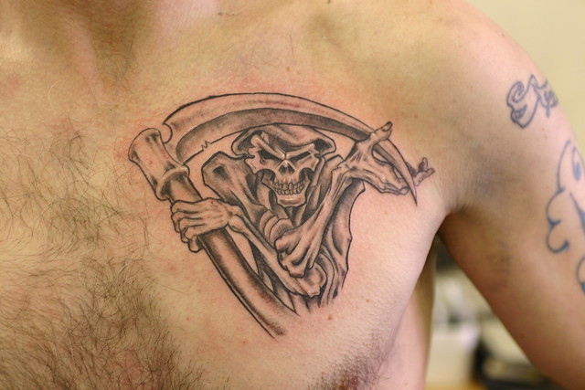 Grim reaper tattoo on chest Tattooed by Johnny at The Tattoo Studio