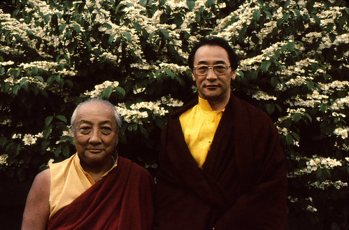 HH Dilgo Khyentse Rinpoche and HH Dagchen Sakya, in front of a white flowering tree, Seattle, Washington, USA by Wonderlane
