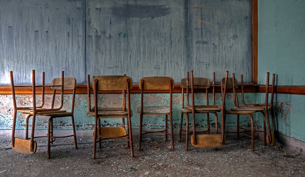 Chairs, abandoned school, Detroit