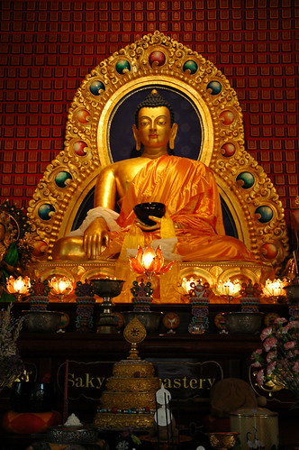 Lord Buddha statue in the earth touching mudra, 7 offerings, Mandala offering, Sakya Monastery of Tibetan Buddhism, Seattle, Washington, USA by Wonderlane