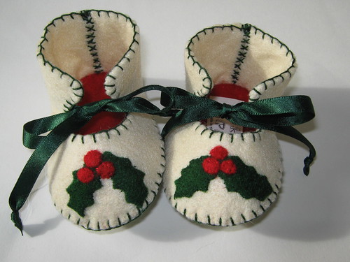 Cream and Red Baby Shoes with Holly Leaves Motifs by Funky Shapes