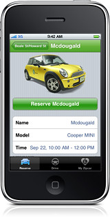 Screen image, Iphone application for Zipcar