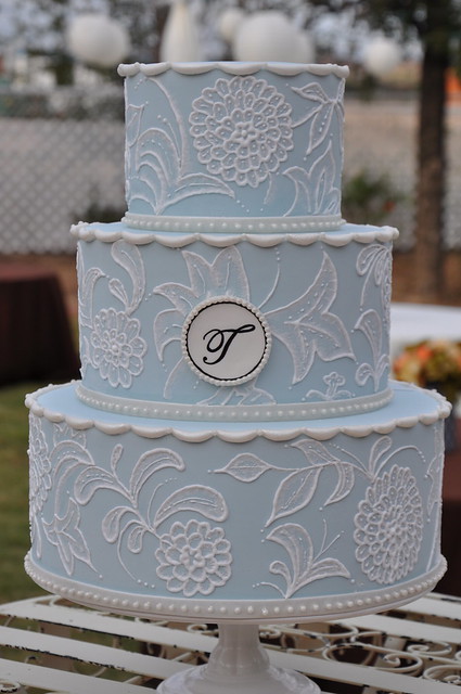 Vintage Inspired Wedding Cake w Monogram Light blue cake with white royal 