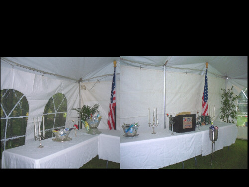 Inside the Wedding Tent Setup might include podium flags plants 