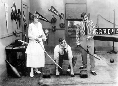 Scene from old movie with Ethel Burton Palmer, Bobby Burns, and Walter Stull