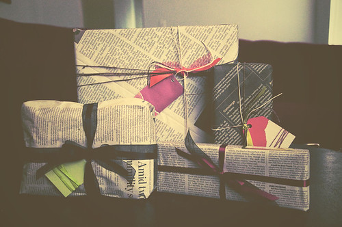 Gifts wrapped in newspaper