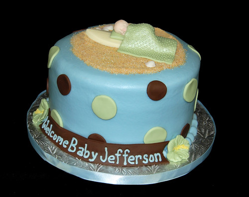 blue green and brown polka dot Hawaiian surf themed baby shower cake