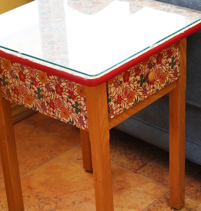 end table with glass top, Japanese floral paper, golden wood
