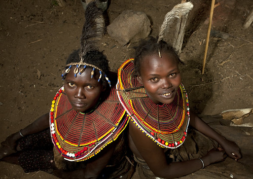 Pokot girls with feathers on the head - Kenya