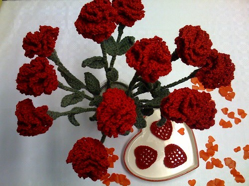 Valentines Love for My Husband and Daughters. Red Crocheted Carnations and Crocheted Hearts.
