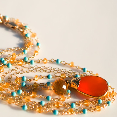 Carnelian with Turquoise Tangerine Citrine Double Strand Handmade Necklace