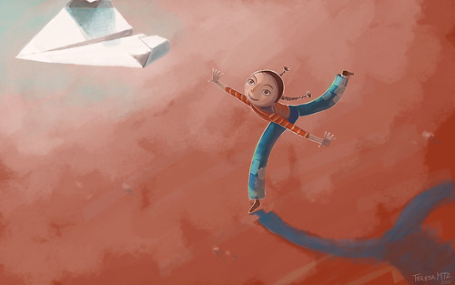 Ilustración (el resultado final): una chica juega con un avión de papel