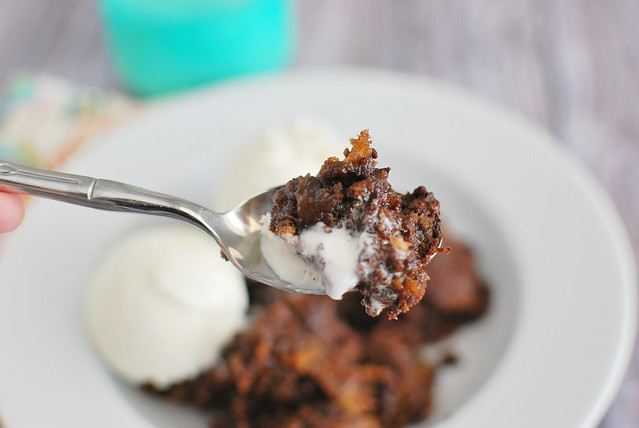 Slow Cooker Chocolate Chip Brownie Cake - chocolate chip cookie dough and brownie batter baked together in the crockpot!