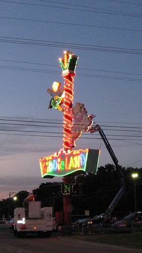 Chicago's Kiddieland Amusement Park neon sign being serviced. Melrose Park Illinois. August 2009. by Eddie from Chicago