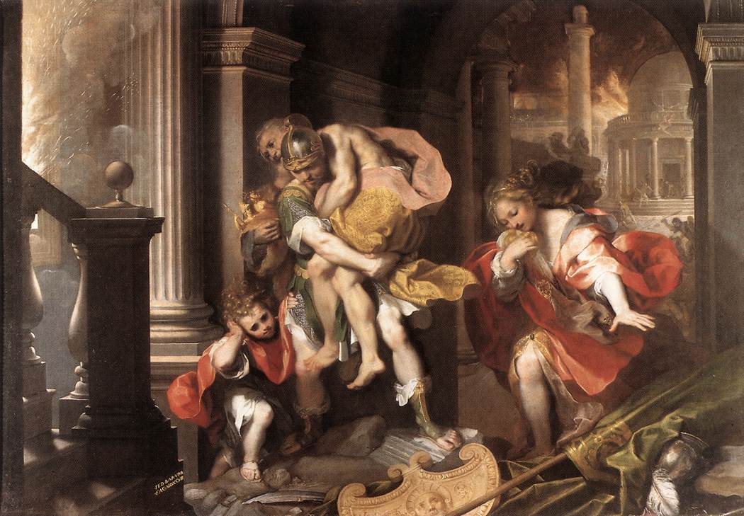 Aeneas flees burning Troy.
