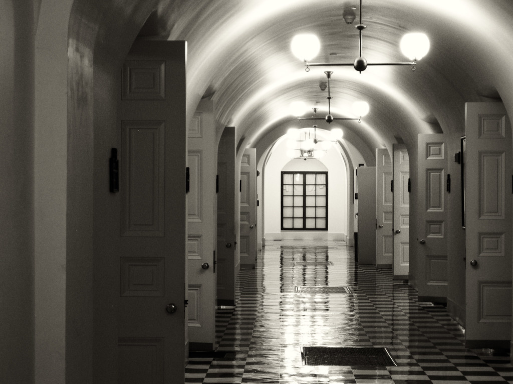 view of a hallway in the Treasury building, all doors open