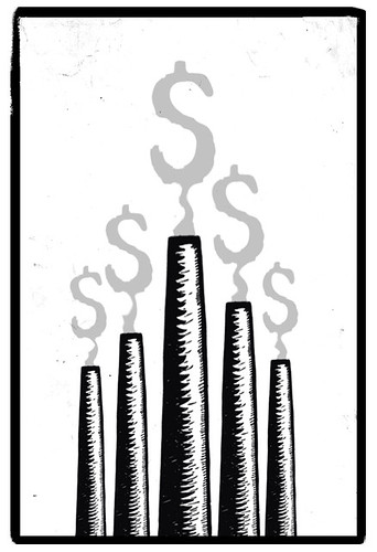 Ilustración: chimeneas que expulsan mucho humo con forma de dólar
