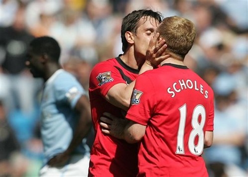 Gary Neville and Paul Scholes kissed, Manchester United 1:0 Manchester City, April 17, 2010 by Jennifer M. Rukyo