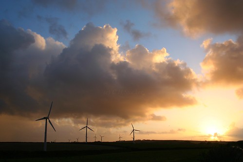 Chybucca Windfarm, sunset, Cornwall by Stocker Images