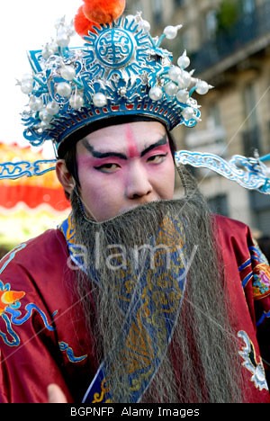 Paris France Chinese Man in Traditional Dress Beard Parading in Chinese 