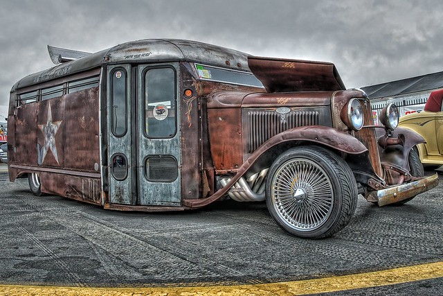 54 Ford Customline says This prison van is pure rusty class Rat Rod Bus