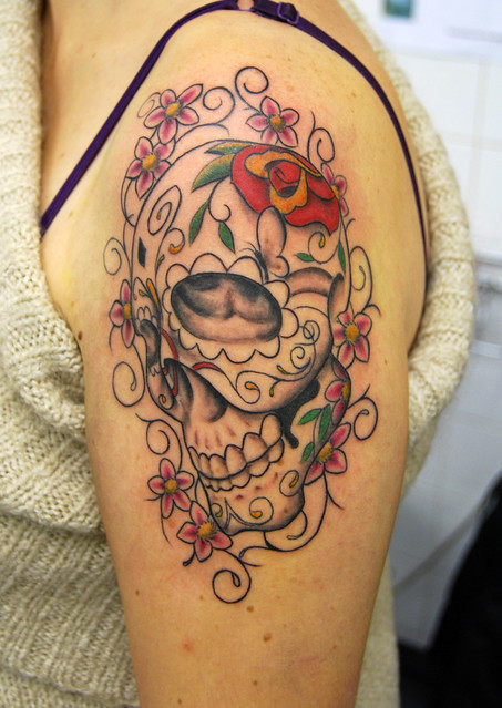 candy skull with cherry blossoms Tattooed by Johnny at The Tattoo Studio