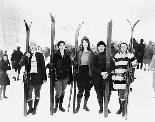 Five women posed with skis, Leavenworth, Washington