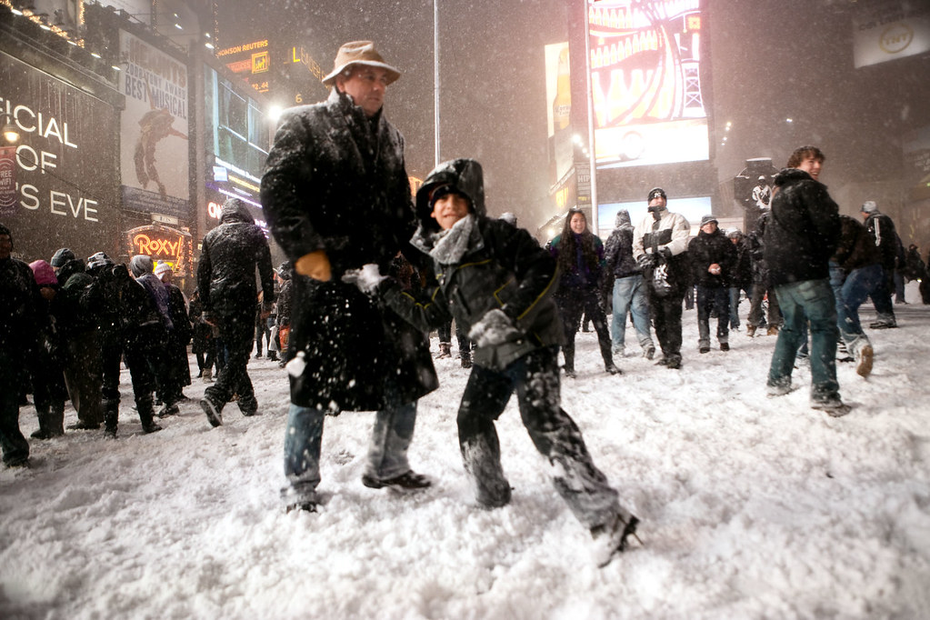 Snowball fight in Times Square, Manhattan, New York