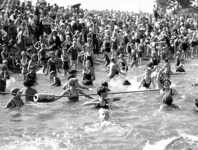 pictures of people. Crowds of people in the water and on the shore at Greenlake beach, Seattle, 