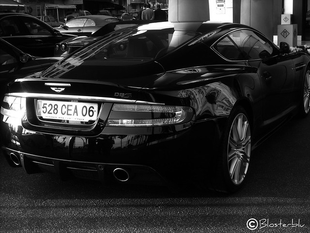 A black white photo of an Aston Martin DBS spotted in Cannes