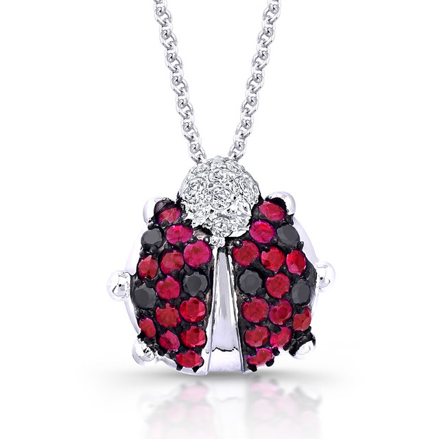 14K White Gold Ladybug Ruby and Diamond Necklace