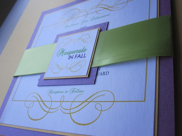 Purple and Green Wedding Invitation with decorative gold border