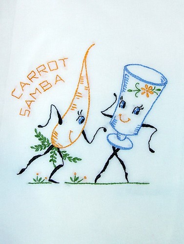CARROT SAMBA - Hand embroidered flour sack tea towel with vintage embroidery design