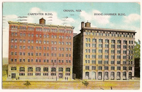 Old Vintage Postcard of Omaha, Nebraska, 1909 carpenter building and Byrne-Hammer building