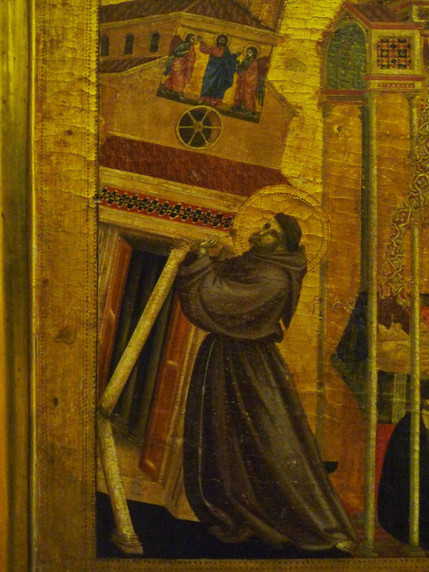 Giotto, St. Francis of Assisi Receiving the Stigmata, c. 1295-1300 with detail of Francis Bracing Church