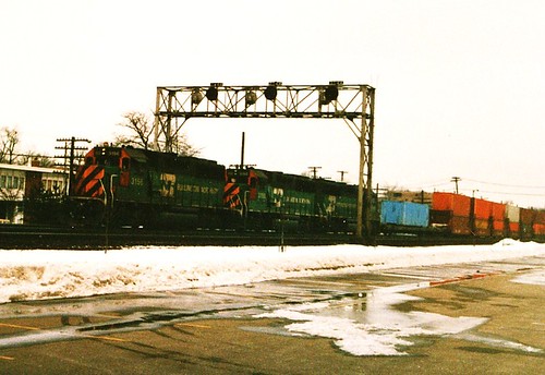 Westbound Burlington Northern intermodal train. La Grange Illinois. January 1987. by Eddie from Chicago