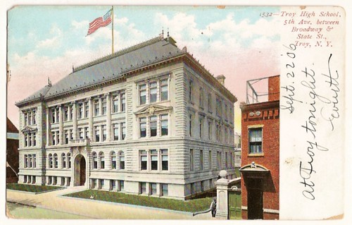 Old Vintage Postcard showing Troy High School 5th ave. and broadway, Troy, New York, 1906