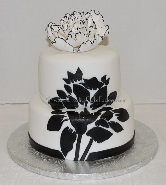 Peony Silhouette Wedding Cake Two tier white fondant wedding cake